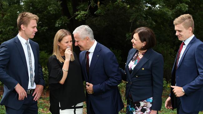 New Leader of the National Party and Deputy PM Michael McCormack chats with family — sons Nicholas and Alexander, daughter Georgina and wife Catherine. Picture: Kym Smith