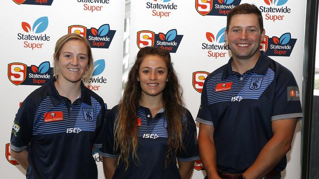 Sturt SANFLW co-captains Caitlyn Swanson and Georgia Bevan with ex-coach Danijel Herbut. The Double Blues are searching for a new mentor after Herbut stepped down this month. Picture: Supplied