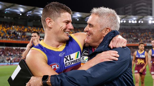 BRISBANE, AUSTRALIA - OCTOBER 02: Dayne Zorko of the Lions and Chris Fagan, Senior Coach of the Lions celebrate during the 2020 AFL Second Qualifying Final match between the Brisbane Lions and the Richmond Tigers at The Gabba on October 02, 2020 in Brisbane, Australia. (Photo by Michael Willson/AFL Photos via Getty Images)