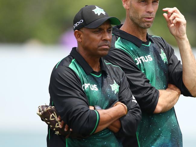 LAUNCESTON, AUSTRALIA - DECEMBER 08:  David Hemp, women's coach of the Stars and Dulip Samaraweera,  women's assistant coach look on during the Women's Big Bash League match between the Hobart Hurricanes and the Melbourne Stars at West Park on December 8, 2018 in Launceston, Australia.  (Photo by Scott Barbour/Getty Images)