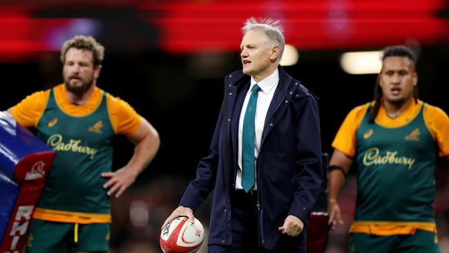 Joe Schmidt, head coach of Australia, watches players warm up prior to the Autumn Nations Series 2024 match between Wales and Australia at the Principality Stadium on November 17 in Cardiff. Picture: Michael Steele/Getty Images