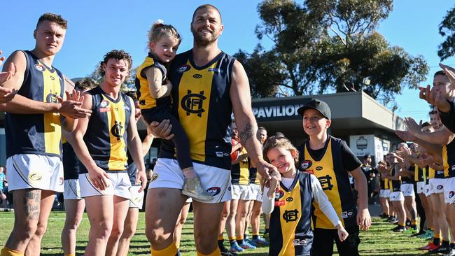 Cameron Cloke runs out for his 250th and ultimately last senior game. Picture: Nathan McNeill