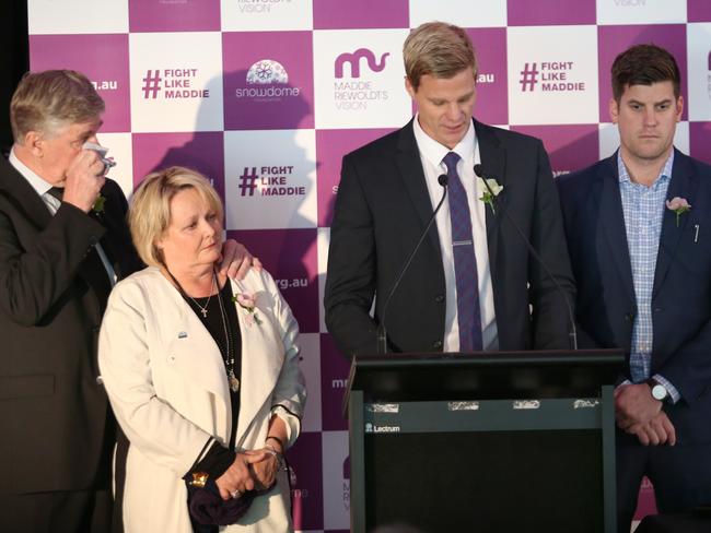 Nick Riewoldt speaks at the launch of Maddie Riewoldt’s Vision, surrounded by his family -Dad Joe, Mum Fiona and brother Alex – in June 2015. Picture: David Crosling