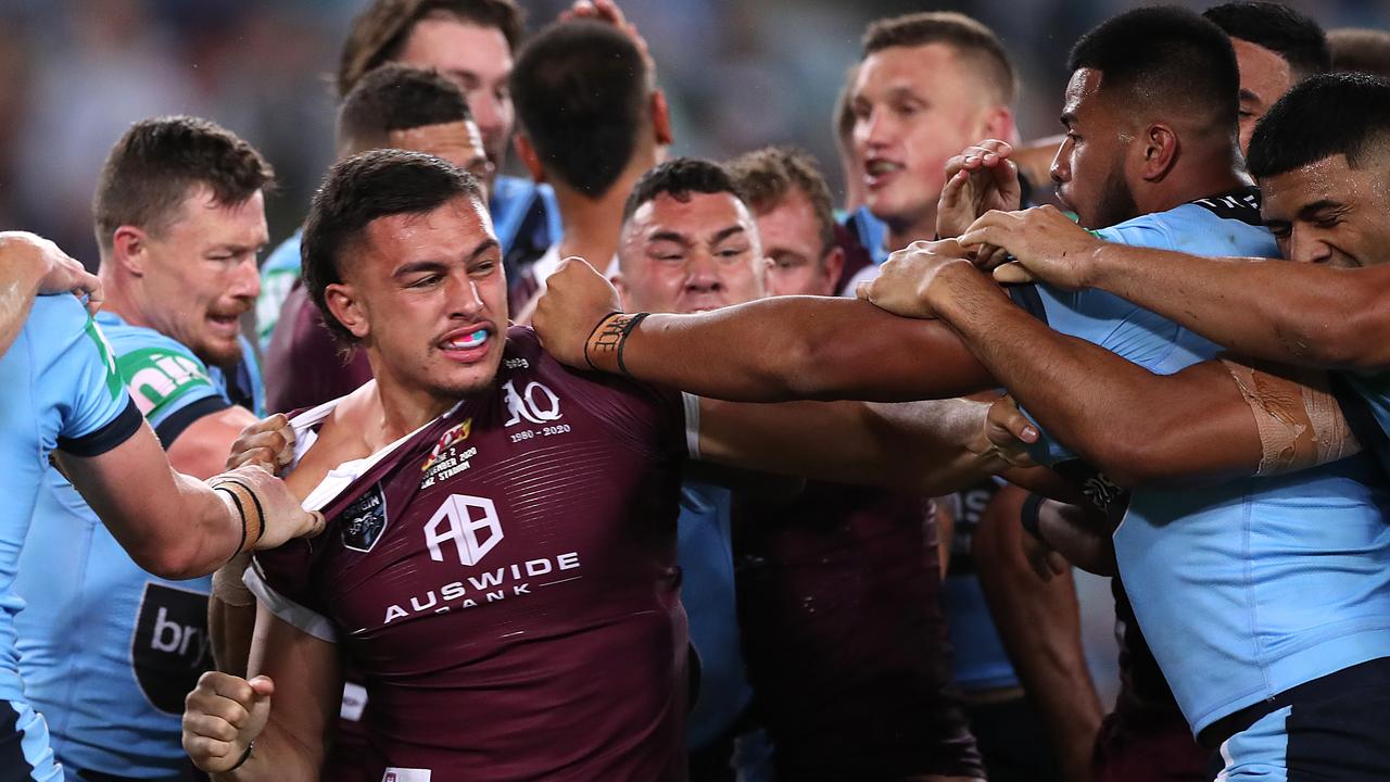 SYDNEY, AUSTRALIA – NOVEMBER 11: Tino Fa'asuamaleaui of the Maroons and Payne Haas of the Blues scuffle during game two of the 2020 State of Origin series between the New South Wales Blues and the Queensland Maroons at ANZ Stadium on November 11, 2020 in Sydney, Australia. (Photo by Mark Kolbe/Getty Images)