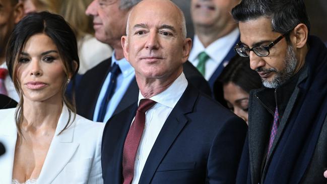 Ms Sanchez, Mr Bezos and Google CEO Sundar Pichai. Picture: Saul Loeb/Getty Images