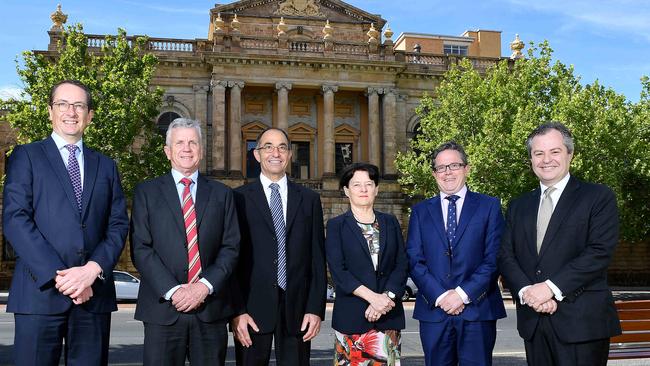 Supreme Court Justices Chris Bleby QC, David Lovell, Chief Justice Chris Kourakis, President Justice Trish Kelly, Sam Doyle and Mark Livesey in front of the Supreme Court. Picture: Mark Brake