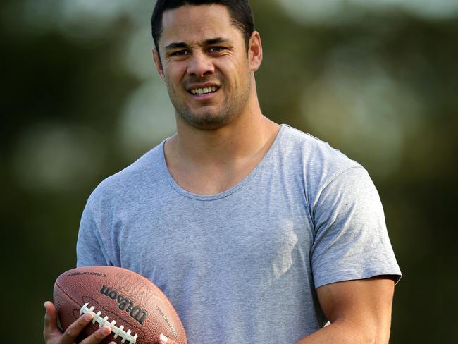 Jarryd Hayne during a training session which included taking some catches with a NFL Gridiron ball at Parramatta .Picture Gregg Porteous