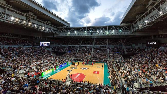 A capacity crowd at Hisense arena with an open roof during the NBL Match Melbourne United versus the Perth Wildcats at Hisense arena in Melbourne on Sunday 27th December, 2015. Picture: Mark Dadswell
