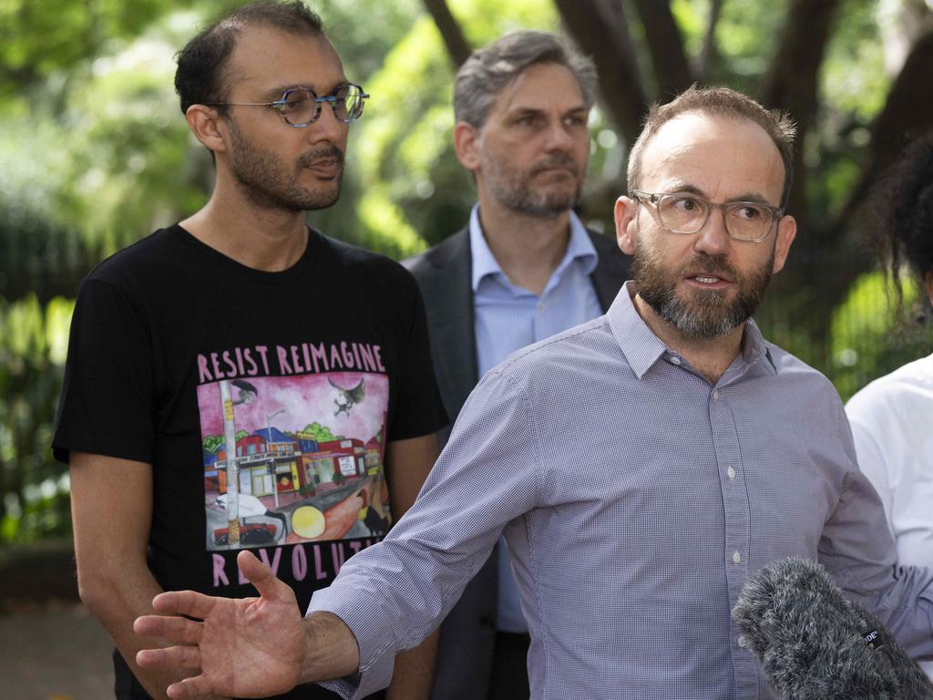 Greens federal leader Adam Bandt (front) in Brisbane last week with mayoral candidate Jonathan Sriranganathan (left) and state Member for Maiwar Michael Berkman. Picture: Dan Peled/NCA NewsWire