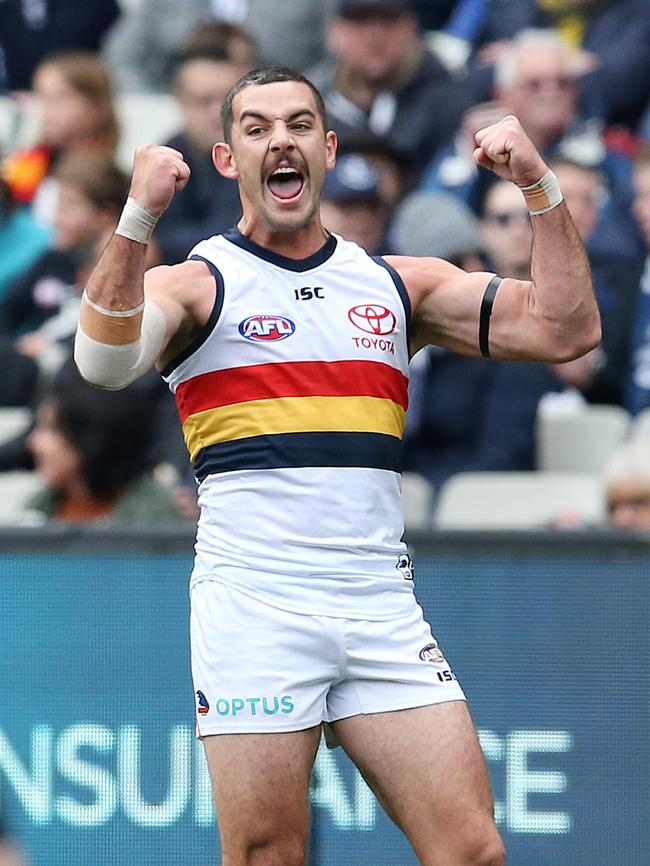 Taylor Walker celebrates a goal against Carlton in 2019. Picture: Michael Klein