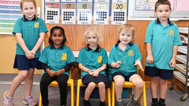 Kingaroy State School Prep B. From left: Kelsie, Reeya, Eloise, Mason, Lincoln. Picture: Patrick Woods.