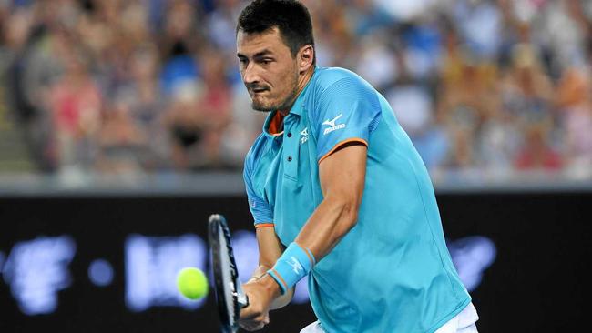 BACKHANDED: Australian tennis player Bernard Tomic launched a sensational take-down of former tennis champion Lleyton Hewitt after his first round loss in Melbourne. Picture: LUKAS COCH