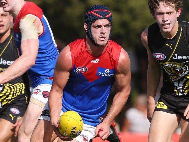 AFL. JLT. Round 1. Richmond v Melbourne at Deakin Reserve, Shepparton.  Melbourne's Angus Brayshaw out of the middle  . Pic: Michael Klein