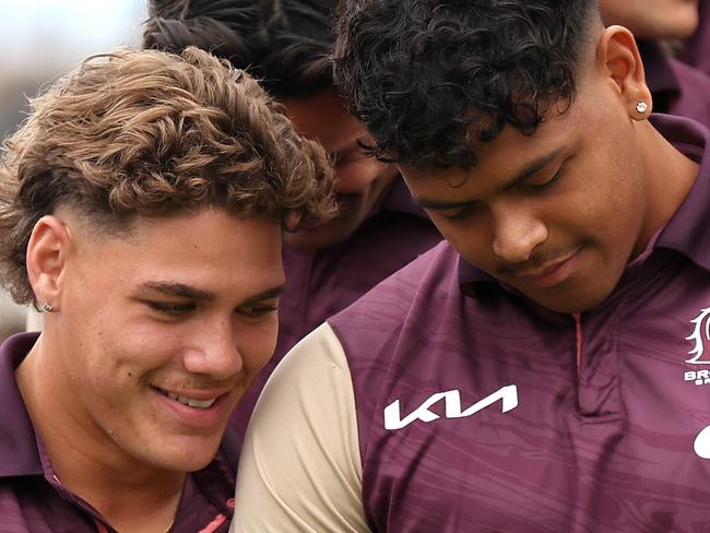 SYDNEY, AUSTRALIA - SEPTEMBER 28: Reece Walsh and Selwyn Cobbo of the Broncos attend the NRL Fan Fest at Overseas Passenger Terminal on September 28, 2023 in Sydney, Australia. (Photo by Matt King/Getty Images)