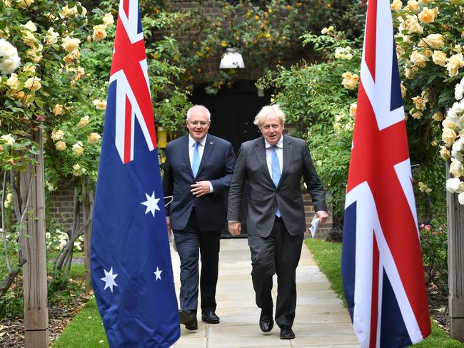 Prime Minister Scott Morrison and British Prime Minister Boris Johnson after agreeing the broad terms of a free trade deal between the UK and Australia. Picture: Getty Images