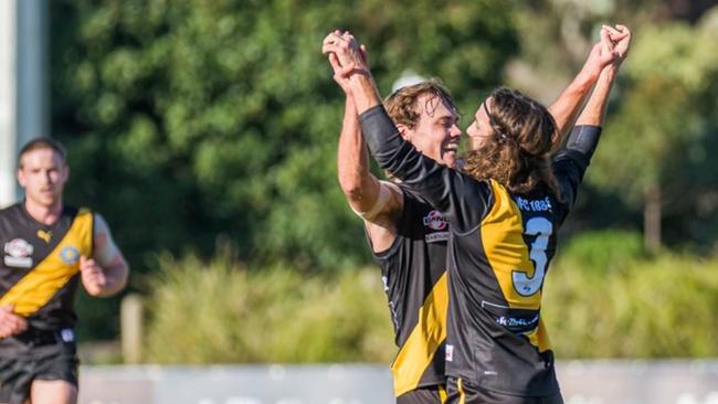 Mitcham’s Jackson Hallo celebrates on Saturday. Picture: Mitcham FC