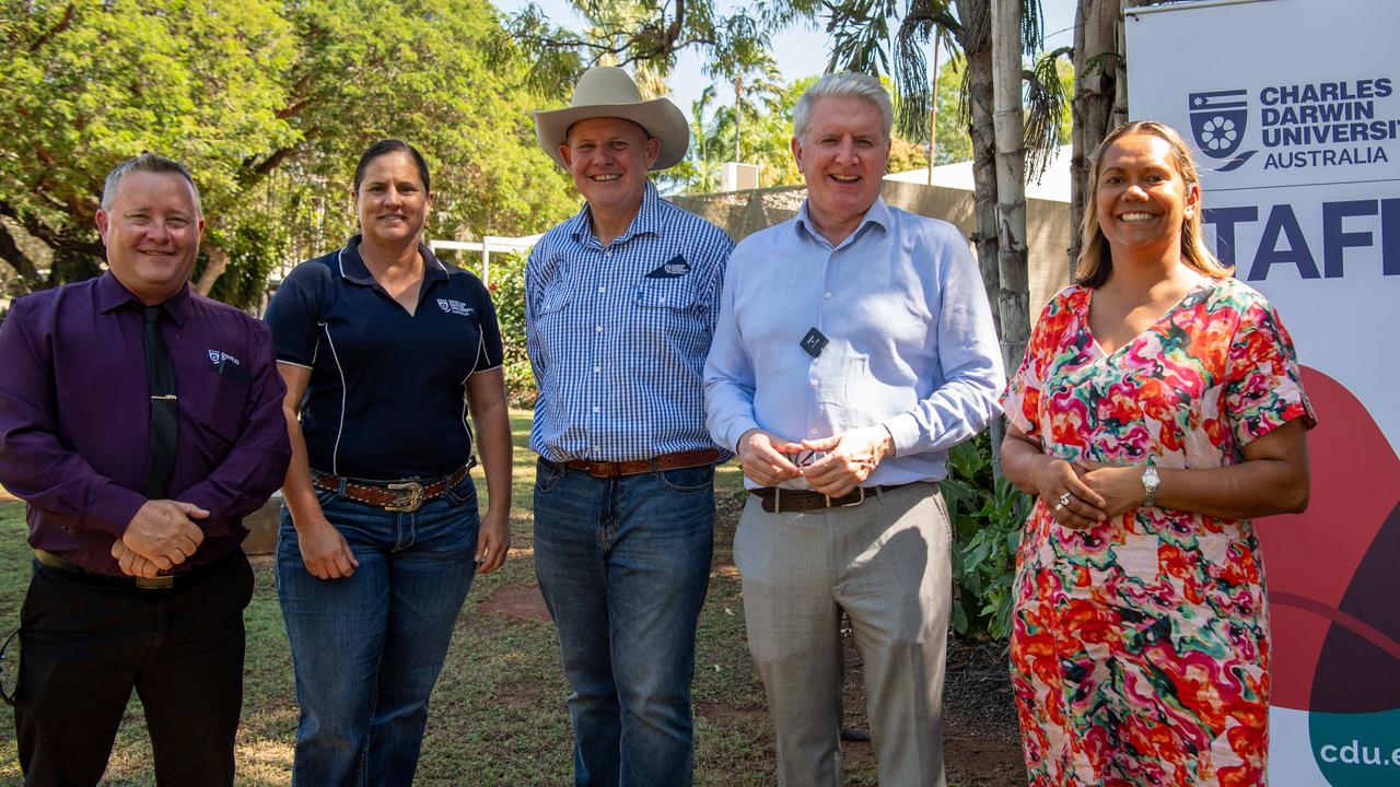 CEO TAFE Michael Hamilton, CDU Associate Vice-Chancellor Big Rivers Region Alison Brook, Vice-chancellor of Charles Darwin University Scott Bowman, Minister for Skills and Training Hon Brendan O’Connor and Minister Selena Uibo at the federal government's announcement to build a $3.5m Technical Trades Training Centre at the CDU Katherine rural campus. Picture: Pema Tamang Pakhrin