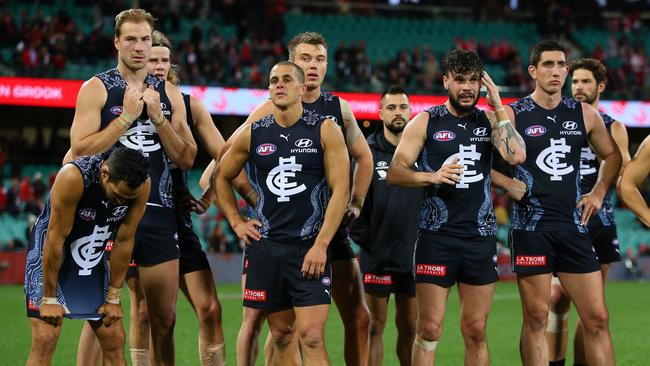 Disappointed Carlton players after their loss to Sydney.