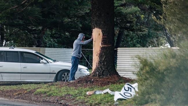 Matt Wilson at the crash site on Williss Drive in Normanville, where his brother Dale died on Monday afternoon. Picture: AAP / Morgan Sette