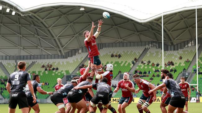 Reds co-captain Liam Wright leaps high in a lineout earlier this season against the Hurricanes. Picture: Kelly Defina/Getty Images