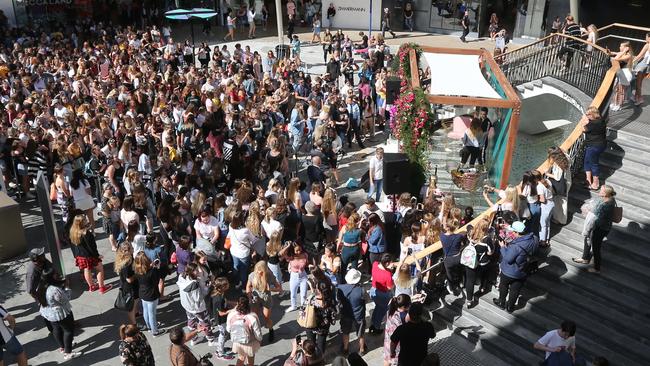 Just some of James Charles’ four million strong online following turned out for the chance to meet him at Pacific Fair. Picture: Mike Batterham