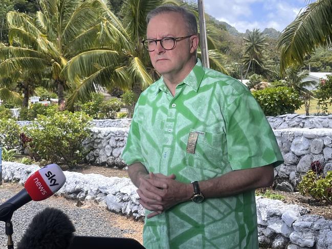 Prime Minister Anthony Albanese speaks at a press conference during the Pacific Islands Forum in Rarotonga.