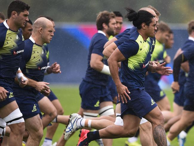 Joe Tomane leading the pack at training.