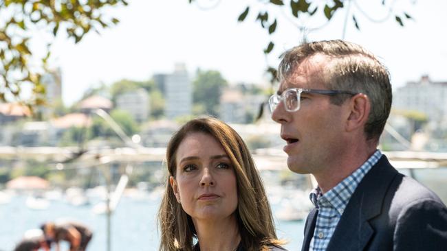 NSW Premier Dominic Perrottet speaks to the media along with Liberal Party candidate for Vaucluse Kellie Sloane. Picture: Flavio Brancaleone