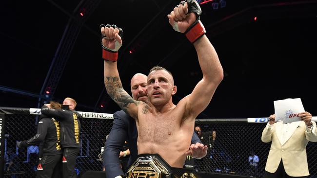 Alex Volkanovski after the win. Picture: Steve Marcus/Getty/AFP