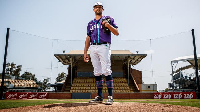 American pitcher Ryan Chaffee is sharing his story as Adelaide Giants partner with Breakthrough Mental Health Research Foundation. Picture: Matt Turner