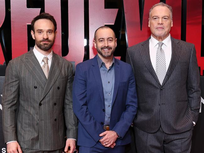 Charlie Cox, Brad Winderbaum, and Vincent D'Onofrio at the Daredevil: Born Again red-carpet launch New York City this week. Picture: Mike Coppola/Getty Images for Disney