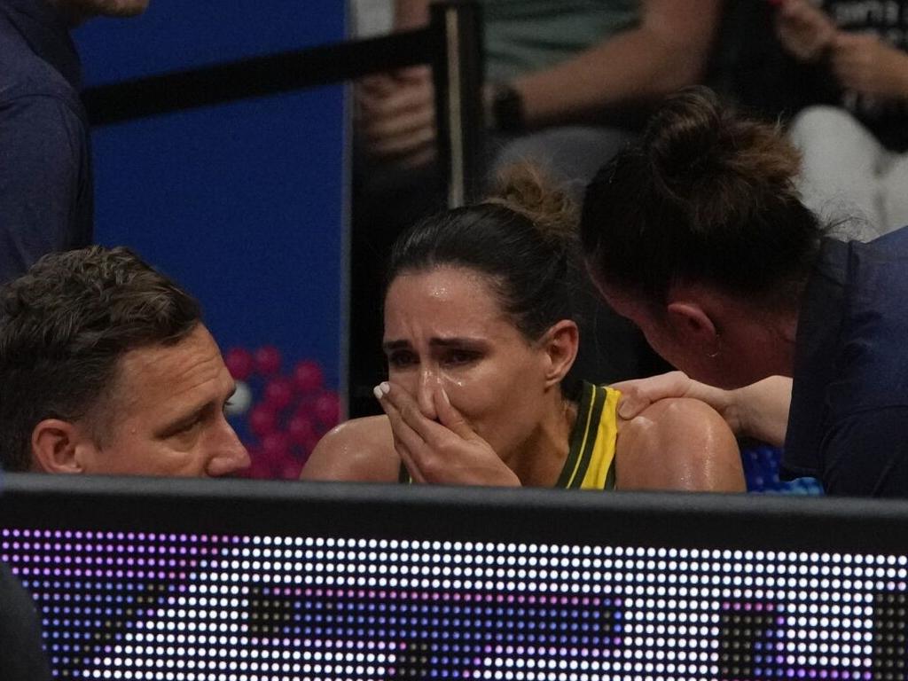 Bec Allen after suffering a big knock at the 2022 World Cup. Picture: AP/Mark Baker