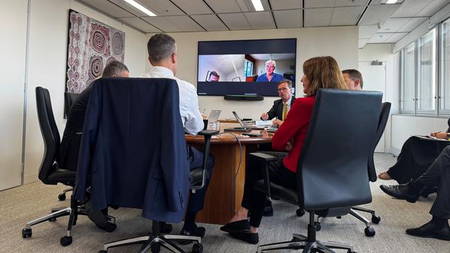 GFG Gupta Whyalla -Steel Task Force meeting of Friday, February 14. The person on the screen in the blue shirt is Stewart Howe, Managing Director Fenix Risk - Strategic Risk Assessment &amp; Triage and the person in the yellow tie is Brendon Roberts KC. Picture: Supplied