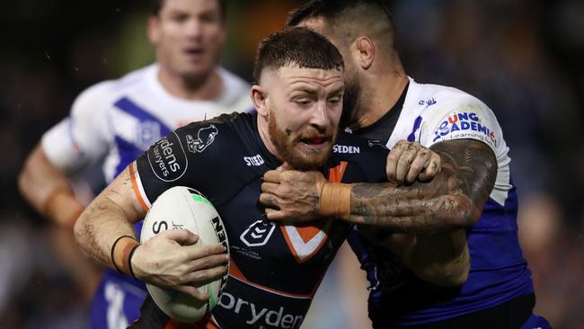 Jackson Hastings has been shifted from halfback to lock for the Tigers’ clash against Penrith. Picture: Jason McCawley/Getty Images