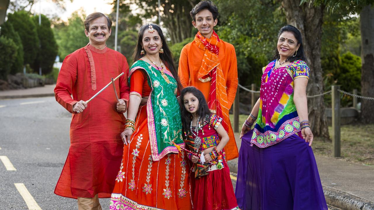 Ready to dance are (from left) Yaju, Alka, Aarohi and Harshil Mahida and Lata Trada as the Indian communities of Toowoomba prepare for Navratri Celebration (Dandia), Saturday, October 9, 2021. Picture: Kevin Farmer