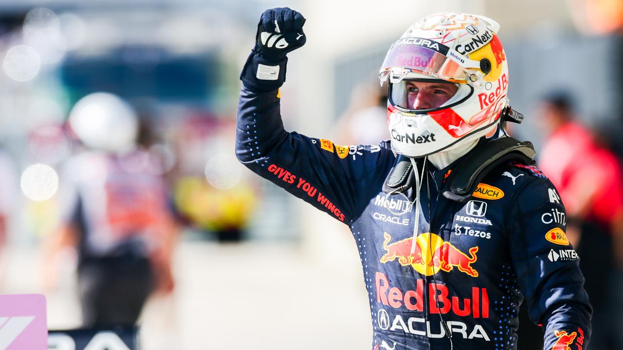 AUSTIN, TEXAS - OCTOBER 24: Max Verstappen of Red Bull Racing and The Netherlands celebrates winning during the F1 Grand Prix of USA at Circuit of The Americas on October 24, 2021 in Austin, Texas. (Photo by Peter Fox/Getty Images)