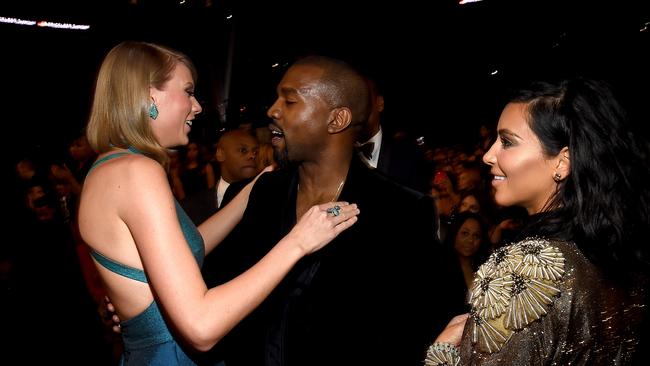 Taylor Swift, Kanye West and TV personality Kim Kardashian attend The 57th Annual Grammy Awards at the STAPLES Center on February 8, 2015 in Los Angeles, California. Picture: Larry Busacca/Getty Images for NARAS