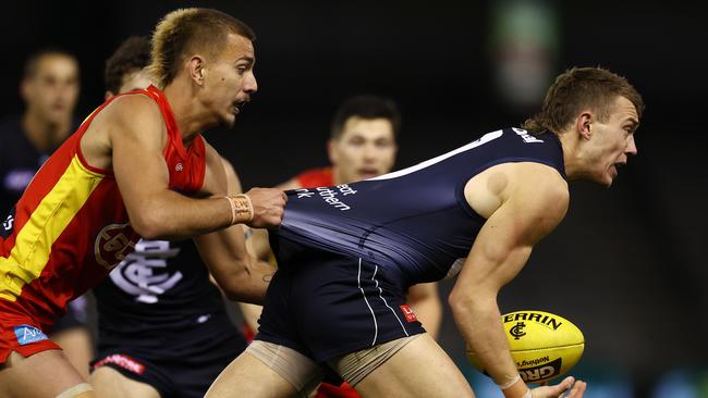 Patrick Cripps’ Blues are looking to score their fourth-straight victory when they travel to Queensland to tackle the Suns this weekend. Picture: Michael Klein