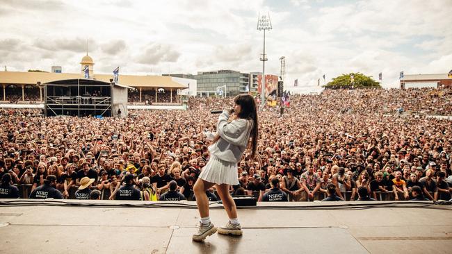 Heavy metal fans gathered on Sunday to watch a performance by Canadian band Spiritbox – fronted by singer Courtney LaPlante – at Brisbane Showgrounds during the Australian debut of Knotfest, a touring music festival headlined and curated by masked American nine-piece metal band Slipknot. Picture: Jordan Munns