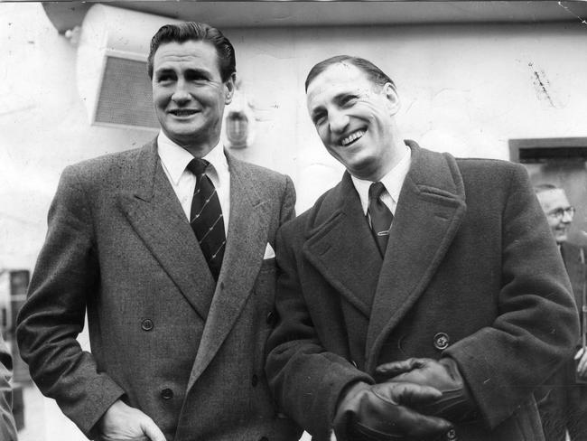 The Australian Test cricket team arrives at Tilbury, England, on April 24, 1956. Keith Miller, on left, was welcomed by his old opponent Len Hutton.