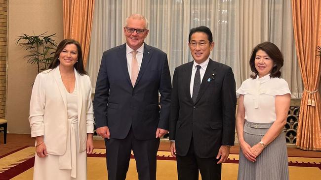 Scott Morrison has skipped the entire first week of Parliament to attend a summit that doesn’t begin until Thursday night. He is pictured in Japan with wife Jenny, Japanese PM Fumio Kishida and wife Yuko