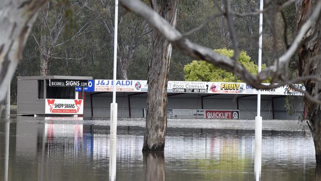 The flooded Princess Park in Shepparton. Picture: NCA NewsWire/Andrew Henshaw