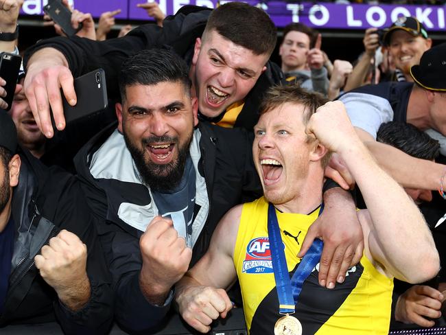 Jack Riewoldt celebrates with fans. Picture: Getty Images