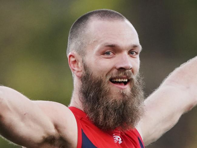 Max Gawn of the Demons celebrates a goal during the Round 23 AFL match between the North Melbourne Kangaroos and the Melbourne Demons at Blundstone Arena in Hobart, Saturday, August 24, 2019. (AAP Image/Michael Dodge) NO ARCHIVING, EDITORIAL USE ONLY