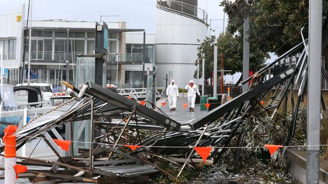 The solar hot water service blows off the roof of the Parks Victoria office in Queenscliff. Picture: Mike Dugdale