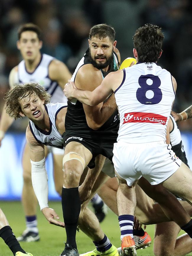 Paddy Ryder playing what may be his final game for the Power, against Fremantle in round 23. Picture: Sarah Reed