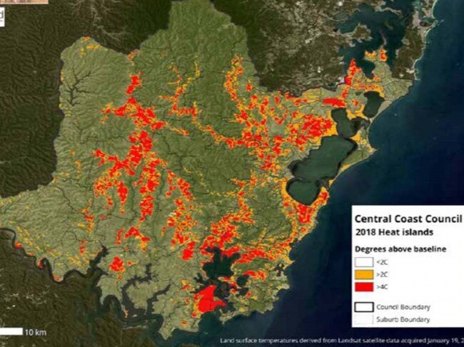 Areas of Central Coast where heat islands are more than 2 degrees C, and 4 degrees C, above the baseline temperatures on a hot January day in 2018.