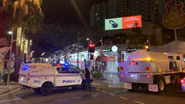 A police vehicle blocking a road in Surfers Paradise last night.