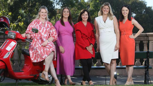 Fearless Conversations participants Lucy Hood, left, and Susan Close, centre, with other newly elected Labor MPs Rhiannon Pearce, Erin Thompson and Olivia Savvas. Picture Emma Brasier.