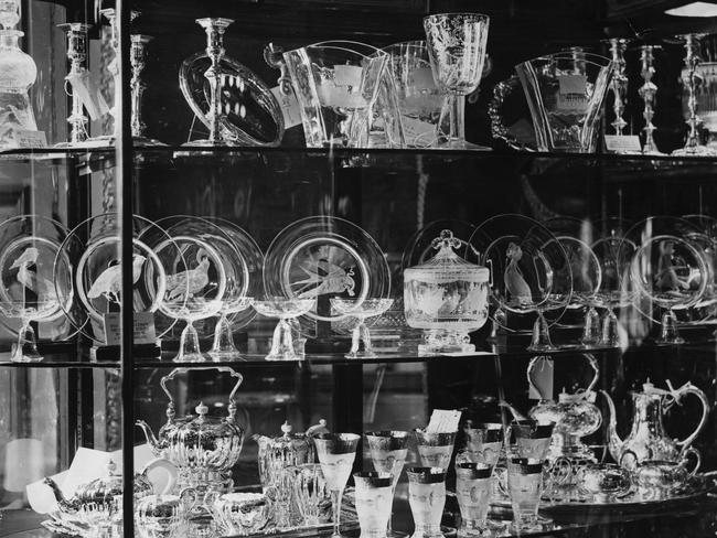 Some of the gifts of glassware given as wedding presents to Princess Elizabeth and Prince Philip on display at St James's Palace, London. On the top row glassware from the Crown Prince and Princess of Sweden. On the second row from US President Truman and his wife. On the bottom row from Czechoslovakia. Picture:Getty